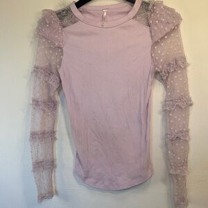 Free People Lavender Ribbed Top with Sheer Polka-Dot Ruffle Sleeves Romantic Bow